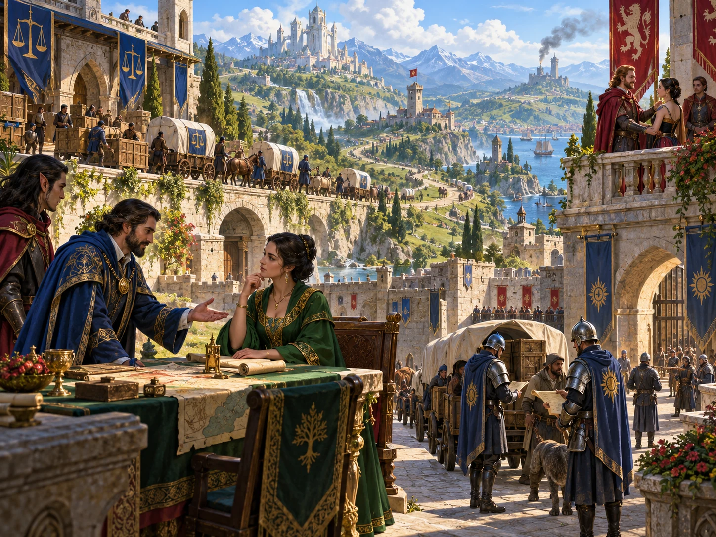 Fantasy illustration of negotiations, supplies and faction activity in a mountain city