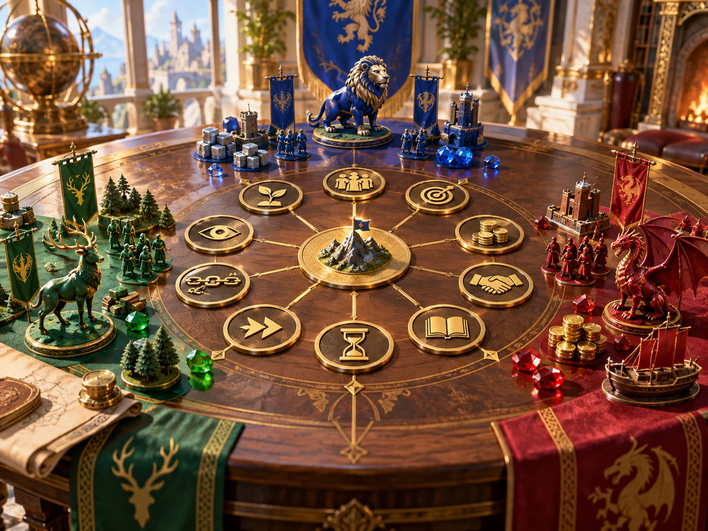 Fantasy illustration of factions weighing resources and pressure